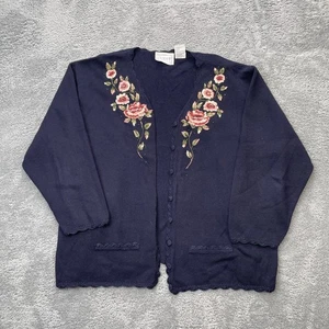Vintage Erika Studio Sweater Womens XXL Blue Cardigan Floral Embroidered Cottage - Picture 1 of 6