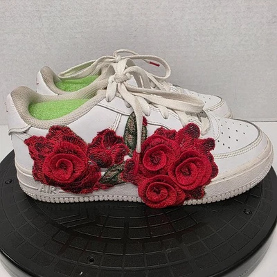 Air Force 1 Custom Shoes White Embroidery Rose Red Floral Side Work Boys Sz 5Y - Image 1 of 4