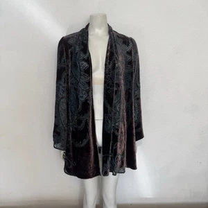 Vintage 90s Y2K Windsmoor Brown Teal Burned Velvet Devore Kimono Floaty Shirt S - Picture 1 of 9