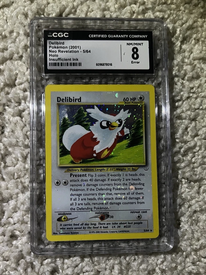 Delibird CGC 8 Pokémon WOTC 2001 Neo Revelation Ink Error Full Holo Bleed Swirl - Image 1 of 4