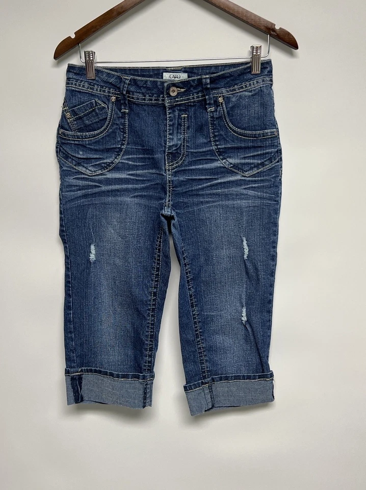 Pantalones de mezclilla capri tiro bajo con puños Y2K de colección para mujer talla 6 preppy patinador estrella pop Foto 1 de 4