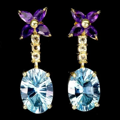 Orecchini in argento sterling 925 ovale topazio blu 14x10 mm pietra... - Immagine 1 di 4