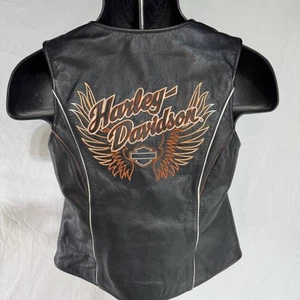Harley Davidson Full Zip Black Leather Vest - Harley Wings & Shield 2 Sides ~ S - Picture 1 of 12