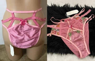 L For Love & Lemons Punta de Aguja Rosas Corte Alto SEDOSO Satén Panty Rosa Tirantes Foto 1 de 4