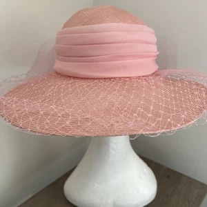Vintage C & A Hat Pink Straw Net Cottagecore Garden Ribbon Bow Rose Wedding - Picture 1 of 7