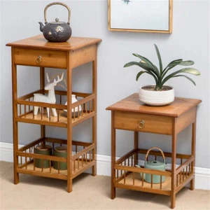 2/3 Tier Bedside Coffee Table Wooden Nightstand Plant Stand w/Drawer for Bedroom - Picture 1 of 16