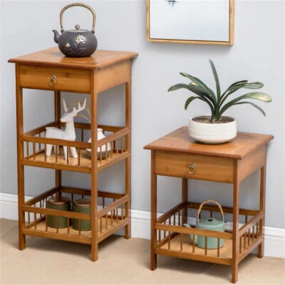 2/3 Tier Bedside Coffee Table Wooden Nightstand Plant Stand w/Drawer for Bedroom - Image 1 of 4