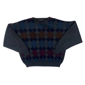 Vintage CONSENSUS Argyle Check Grandad Patterned Acrylic Wool Knit Jumper Large - Picture 1 of 4