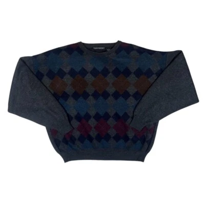 Vintage CONSENSUS Argyle Check Grandad Patterned Acrylic Wool Knit Jumper Large - Image 1 of 4