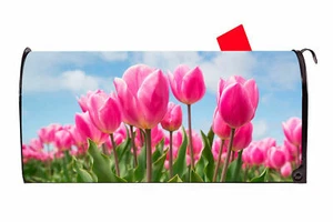 Pink Tulips Vinyl Magnetic Mailbox Cover Made in the USA - Picture 1 of 1