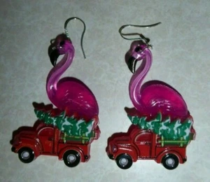 BIG PINK FLAMINGO Tacky Ugly Red Truck Christmas Tree 925 EARRINGS USA Nora's - Picture 1 of 5