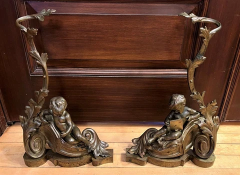 Antique Rococo Baroque Style Ornate Bronze Cherubs Putti Floral Andirons Cover