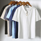 Men's Henley Neck Plain Short Sleeve T-Shirt Summer Loose Casual Grandad Shirts