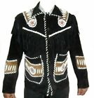 Men&#39;s American Western Cowboy Black Suede Leather Jacket Fringes &amp; Beaded Bone