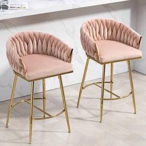Bar Stools Set of 2 Modern Velvet 26'' Counter Height Kitchen Bar Barstools Pink - Picture 1 of 9