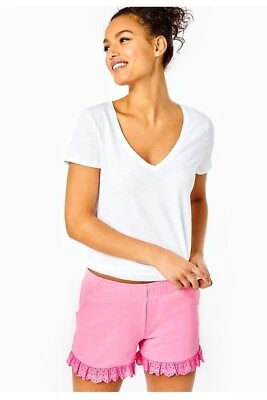 Pantalones Cortos Lilly Pulitzer Kylar Tejidos con Volantes Ojales Bordados Bolsillo Rosa Nuevos L Foto 1 de 4
