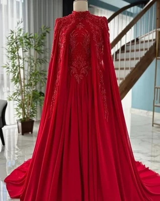 Red High Collar A-line Wedding Dresses Applique Bridal Gowns Floor Length - Image 1 of 4