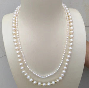 Collana 2 file nuovo design 3-7 mm perle bianche naturali Akoya 17" 42 cm oro 14k P - Foto 1 di 9