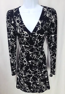 Nine West Black Geometric Wrap Dress Elastic Waist Ruched Shoulders Womens SMALL - Picture 1 of 21
