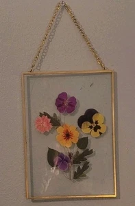 Mock Pressed Pansies Picture Hanging Wall Floral Art Gold Glass Flowers... - Picture 1 of 3