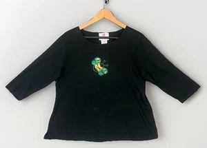 Quacker Factory Top Sz L Black Bee Embroidery Sequin Beaded 3/4 Sleeve Cotton - Picture 1 of 6