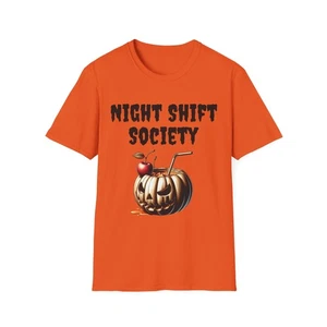 Night Shift Society T-Shirt Funny Halloween Tee Unisex Graphic Night Owl Gift - Picture 1 of 41