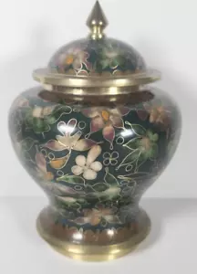 Vtg Chinese Cloisonné Green Enameled Ginger Jar Vase Finial Lid Floral Metal - Picture 1 of 14