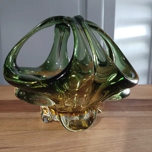 Vintage Kunst mundgeblasenes Glas grün & bernsteinfarben Süßigkeiten Schmuck Schale Korb Dekor - Bild 1 von 12