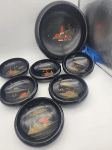 Vintage NTS Schwarz Lack Ware Handbemalt Holz Japanisch 7 Stück Schüssel Set LESEN - Bild 1 von 18