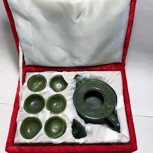 Vintage chinesische traditionelle Handarbeit Jade Teekanne mit 6 Tassen Tablett & Tragetasche - Bild 1 von 10