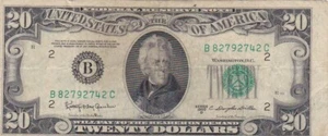 KAPPYSCOINS WC217 1950D $20.00 ERROR NY FRB RIGHT WING SIDE MISCUT F/VF - Picture 1 of 2
