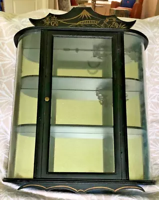 Vintage Curio Cabinet Bowed Glass, Hang On Wall, 2 Shelves, Mirror Back 20x18x5 • 162.24$