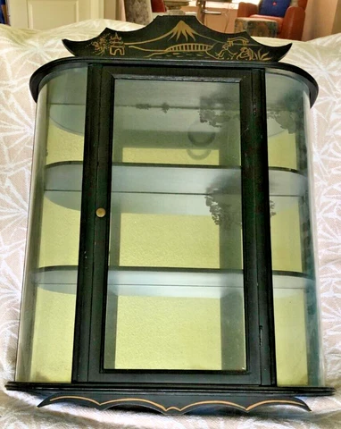 Vintage Curio Cabinet Bowed Glass, Hang on wall, 2 Shelves, Mirror back 20x18x5 Cover