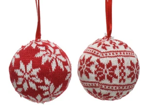 2 x Traditional RED & WHITE Nordic Knitted Round Christmas Tree Baubles - 8 cm - Picture 1 of 3