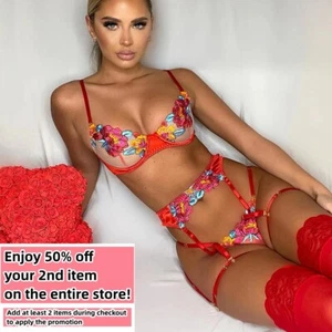 Sexy Embroidery Lingerie Set Bra Thongs Garter Belt Lace Nightwear Sleepwear - Picture 1 of 12