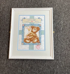 FRAMED COMPLETED CROSS STITCH: BABY RECORD BABY N BEAR: 45 x 35cm (FILLED IN) - Picture 1 of 1
