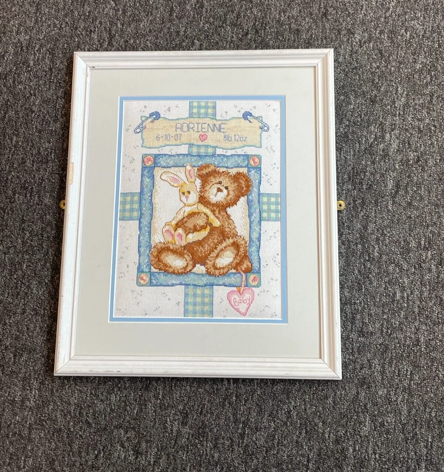 FRAMED COMPLETED CROSS STITCH: BABY RECORD BABY N BEAR: 45 x 35cm (FILLED IN) - Image 1 of 1