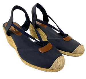 Chaps Clarissa Wedge Shoe Womens 6B Navy Blue Tan Denim Rope Platform Slingback - Picture 1 of 6