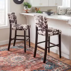 Carolyn 30 In. Brown High Back Wood Counter Stool w/ Cow Print Polyester Seat - Picture 1 of 12