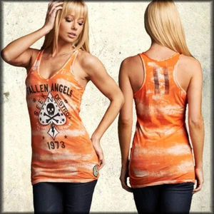 Affliction AC Fallen Angels Skull Spade Women Racer Tank Top Orange Tie Dye L-XL - Picture 1 of 2