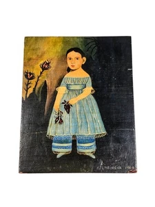 Vintage Primitive Portrait Oil Painting On Board Kathryn L' Heureux Folk Art - Picture 1 of 12