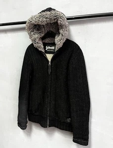 SCHOTT NYC L Wool Sweater Jacket Coat Heavyweight Hoodie Fur Cable Knit BLACK - Picture 1 of 11