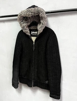 SCHOTT NYC L  Wool Sweater Jacket Coat Heavyweight Hoodie Fur Cable Knit BLACK - Image 1 of 4