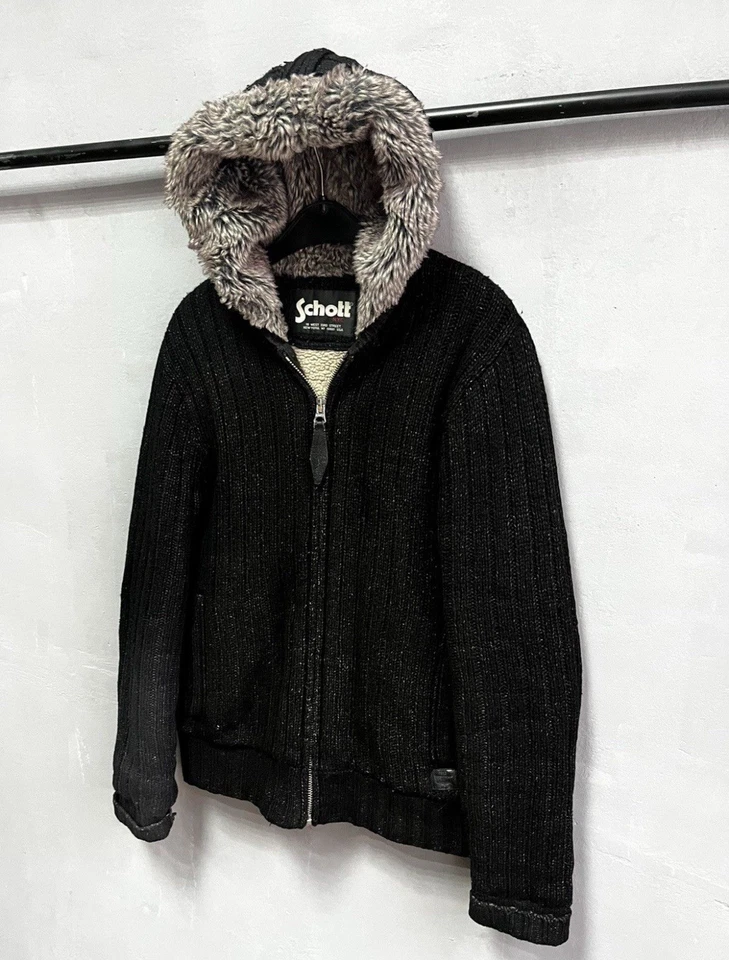 SCHOTT NYC L  Wool Sweater Jacket Coat Heavyweight Hoodie Fur Cable Knit BLACK - Image 1 of 4