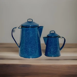 Set/2 VTG Enamelware Blue White Speckled Graniteware Coffee Pots 4 & 10 Cups - Picture 1 of 8