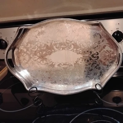 Antigua bandeja para servir galería Sheffield England plateada/cobre grande $899 Foto 1 de 4