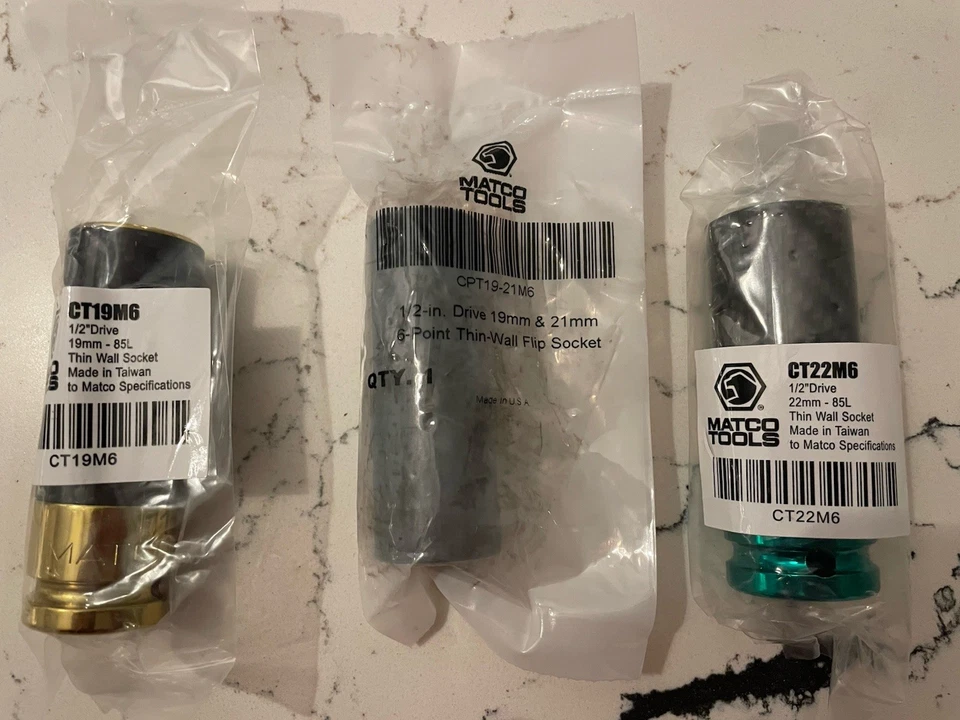 Новый 3 шт. Matco 1/2 дюйма Dr 19 и 22 мм тонкие настенные розетки и 19/21 мм тонкий настенный откидной носок - Изображение 1 из 1