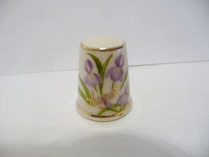 THIMBLE  PORCELAIN HANDPAINTED HURLEY W BOWEN "AUGUST" W/IRISES RARE - Picture 1 of 5