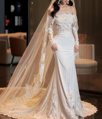 Beautiful Retro Lace/Satin Off-Shoulder Long Sleeve Mermaid Wedding Dress - Image 1 of 4