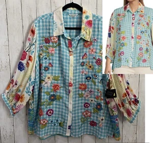 NWT John Mark 100% Linen Shirt Top Women 2X Floral Embroidered 3/4 Sleeve - Picture 1 of 16